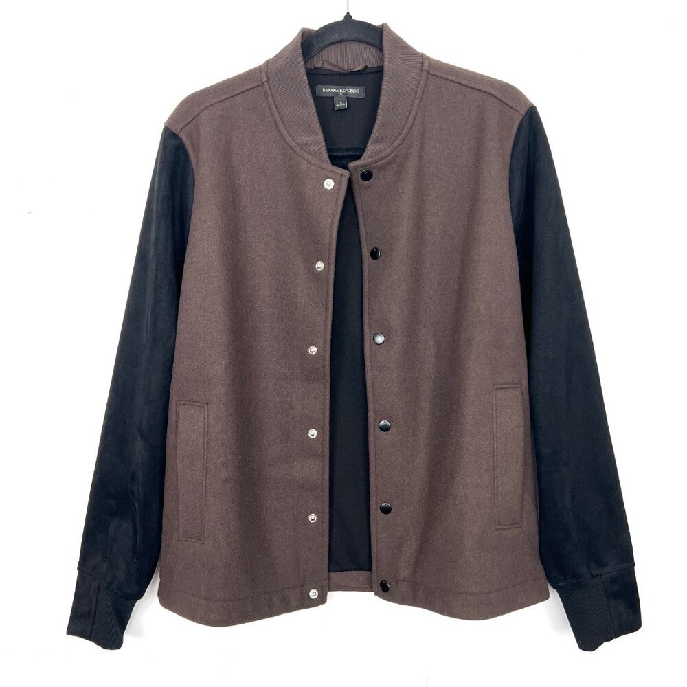 Banana Republic Varsity Jacket Men's Small Brown Black Suede Sleeve Snap zq